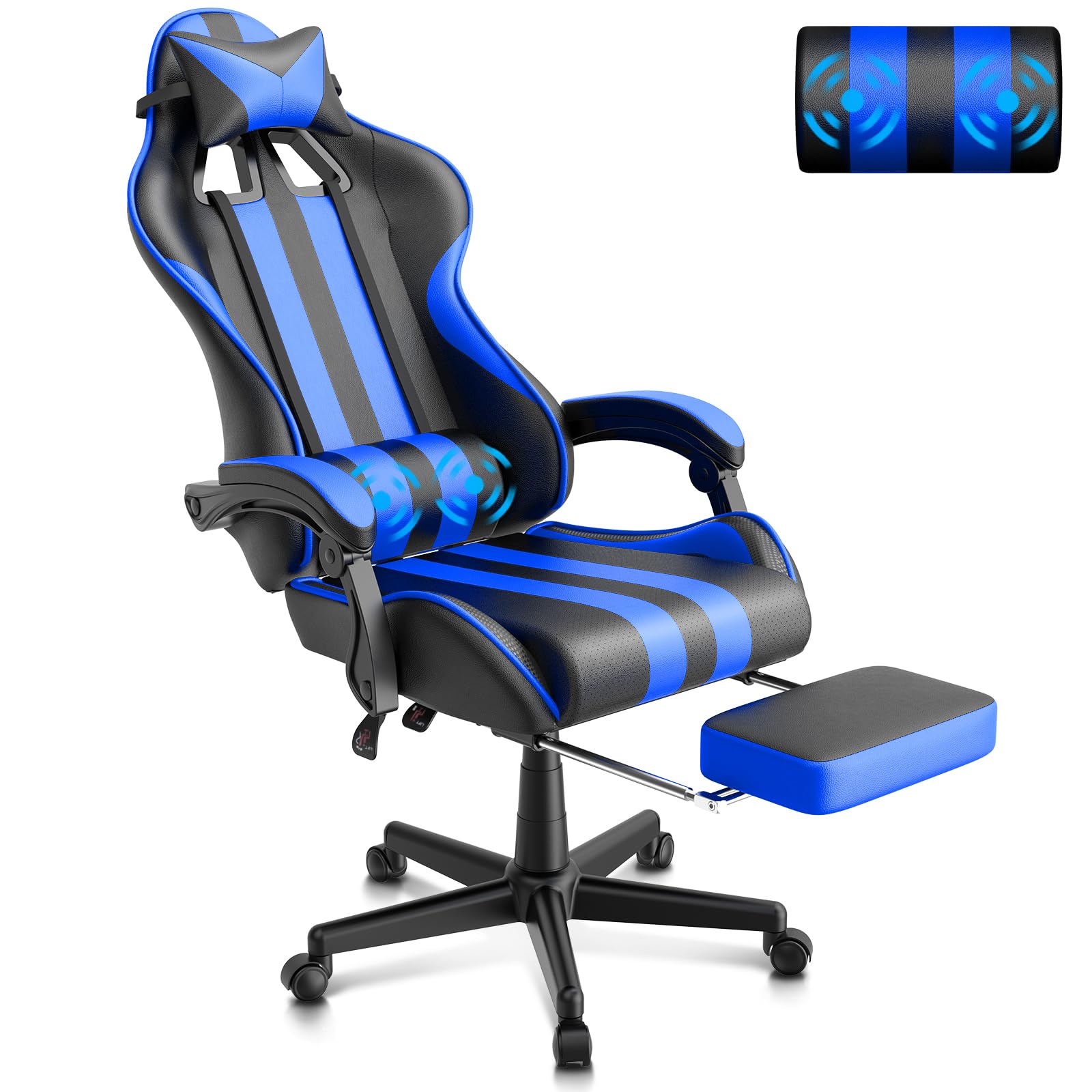 Pc Gaming Chair - Niebieskie krzesła gamingowe z podnóżkiem, krzesła